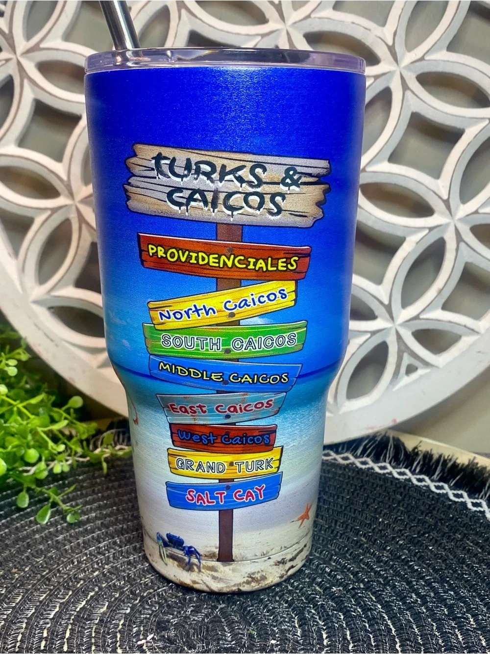 NWT Turks & Caicos‎ Beach Scene Tall Tumbler With Metal Straw